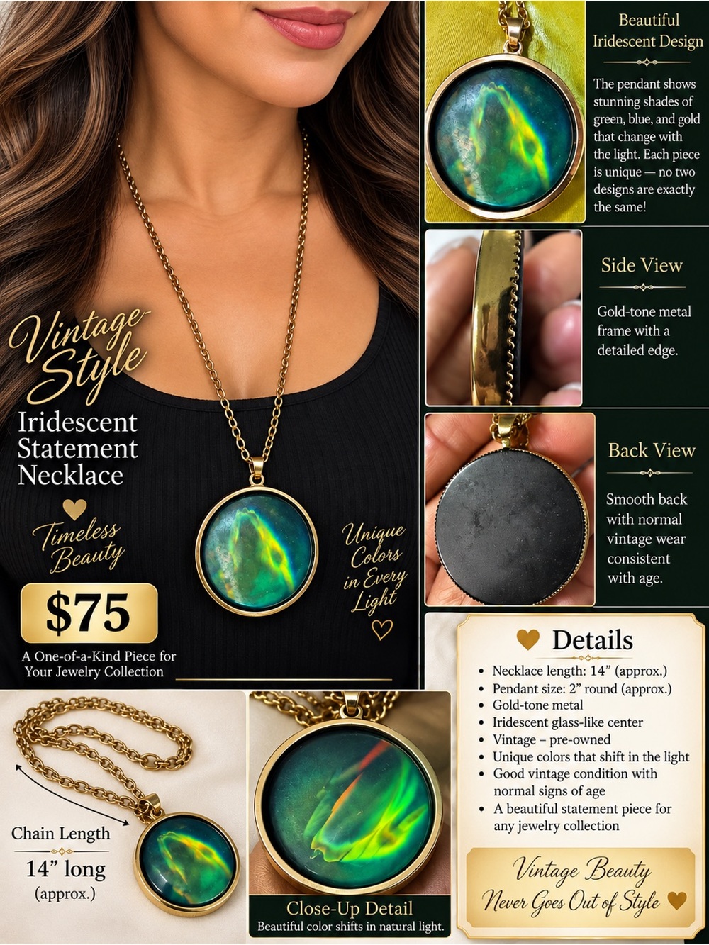 Vintage-Style Iridescent Green Statement Necklace - Gold-Tone